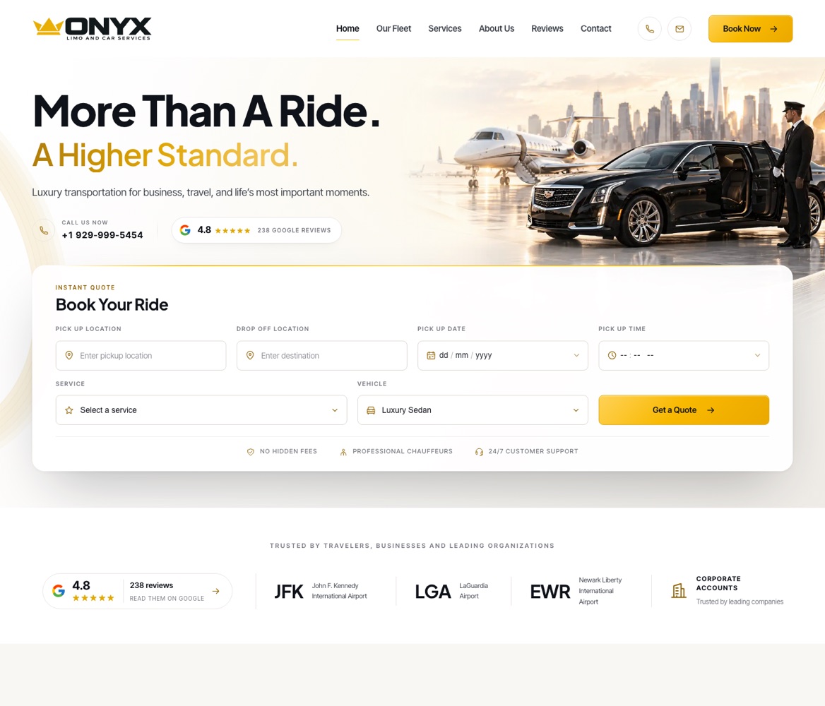 Onyx Limo & Car Services website homepage