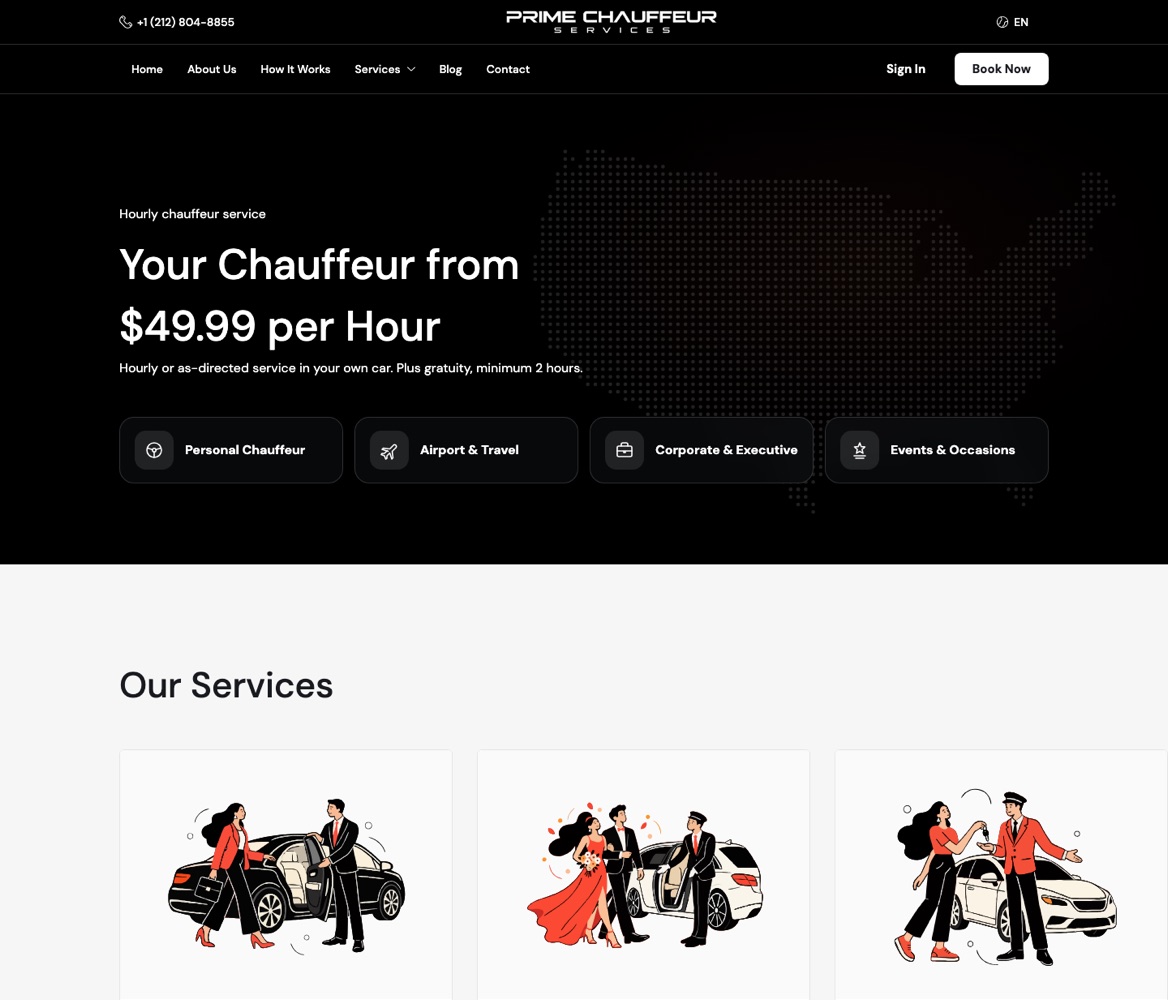 Prime Chauffeur Services website homepage